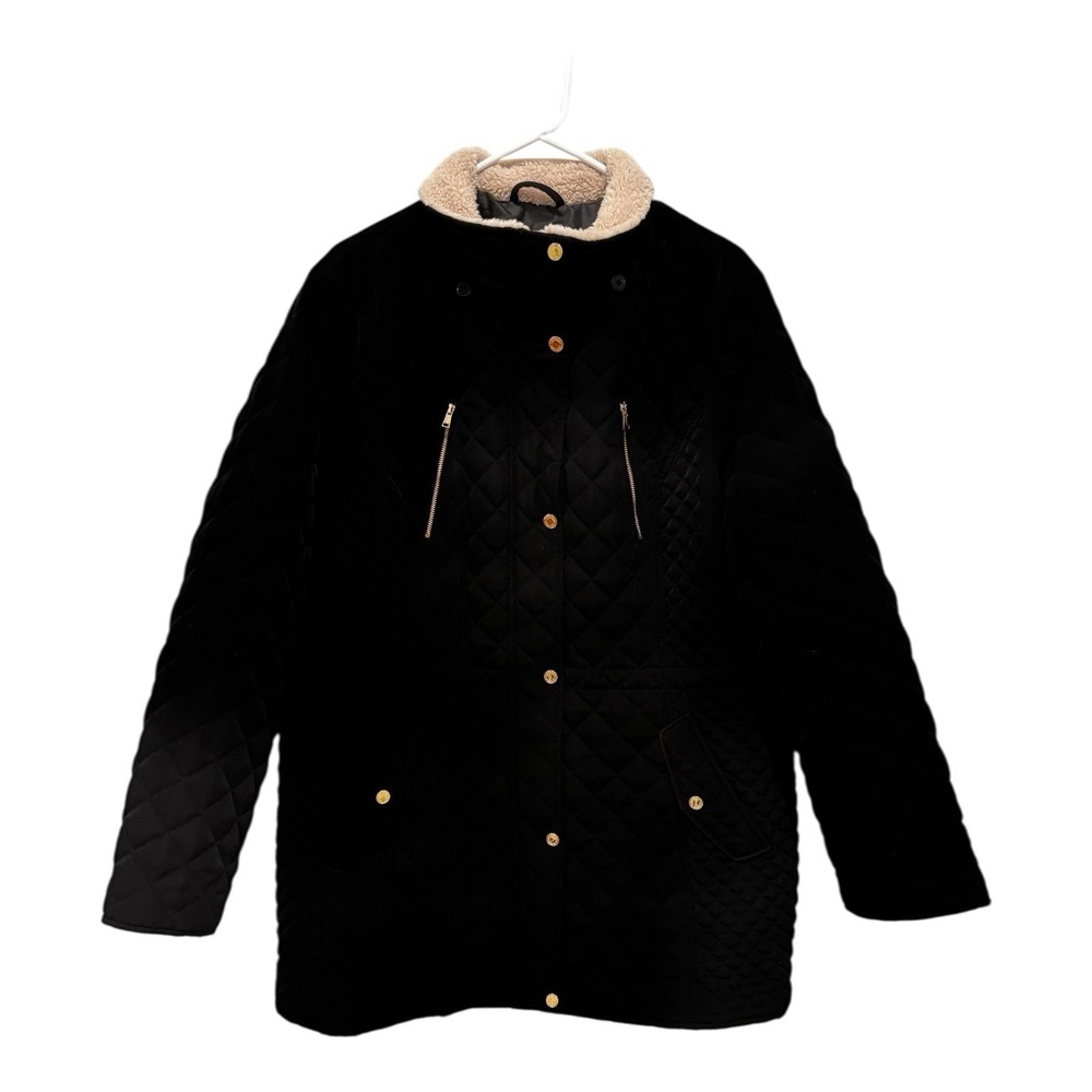 Laundry Shelli Segal Coat 1X Quilted Black Faux Fur Teddy‎ Bear Collar Zip Snap
